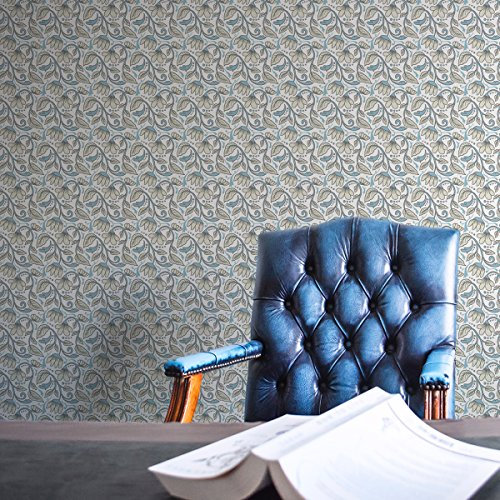 Jugendstil Tapete Fleur Arabesque mit Blüten Ranken in hellblau angepasst an Little Greene Farben, stilvolle GMM Ornament Vliestapete (für halbhohe Wände H: 1,5m B: 46.5cm)