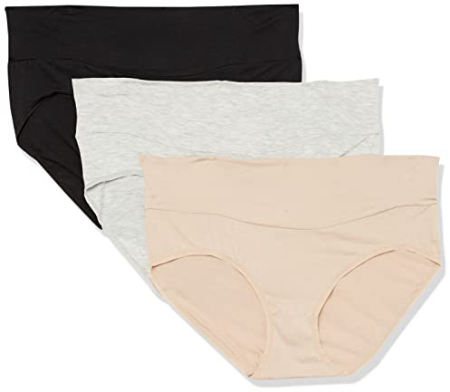 PLAYTEX Women's Maternity Maternity Fold Down Modern Brief Panties 3-Pack Underwear, Crystal Grey Heather/Cafe Blue Lait/Black, Medium