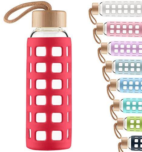 Cleesmil Sports Glass Water Bottle with Silicone Sleeve with Bamboo Lid BPA Free 360 ml (Magenta)