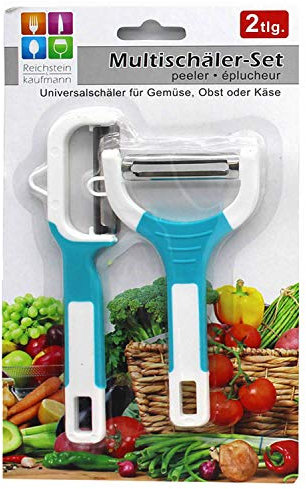 Haushaltshelden Juego de 2 peladores de verduras de acero inoxidable, hoja pendular, 12,5 y 15,5 cm de largo, pelador universal de espárragos en negro, verde o turquesa (turquesa/azul)