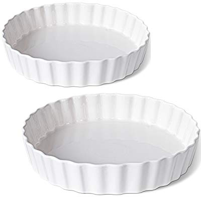 DELLING 9.5 Inch Ceramic Tart Pan Set of 2 - Porcelain Quiche Baking Dish with Fluted Edge, Round Pie Pan for Chicken Pot Pie, Cheesecake, Creme Brulee - White Oven Safe Bakeware