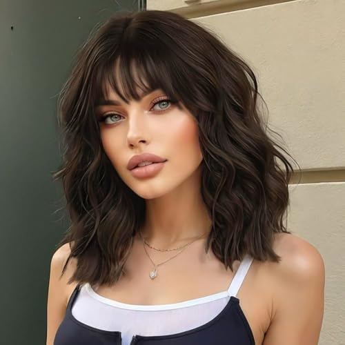 YEESHEDO Perücke Dunkelbraun Damen Kurz Bob mit Pony Lockig Natürlich Perücken für Frauen Cosplay Perrucke Wig 14 Zoll (Dunkel braun)