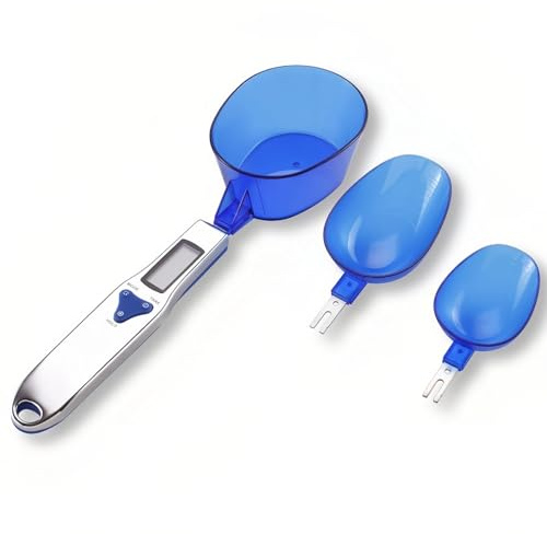 Yoidesu Digital Kitchen Scale, Electronic Gram Measuring Spoon, 500g/0.1g Blue Cute Digital Weight Scale Spoon with 3 Measuring Spoons for Portioning Milk, Tea, Flour, Spices, Medicine
