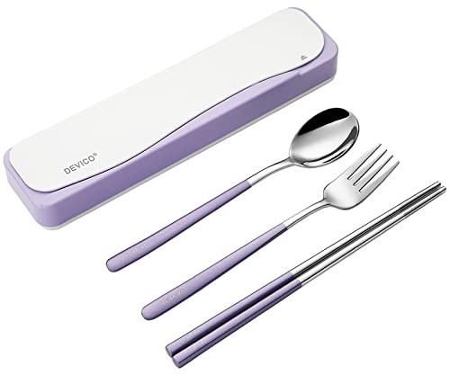 DEVICO Travel Utensils, Portable 18/8 Stainless Steel Silverware Flatware Set, Include Fork Spoon Chopsticks with Case (Purple)