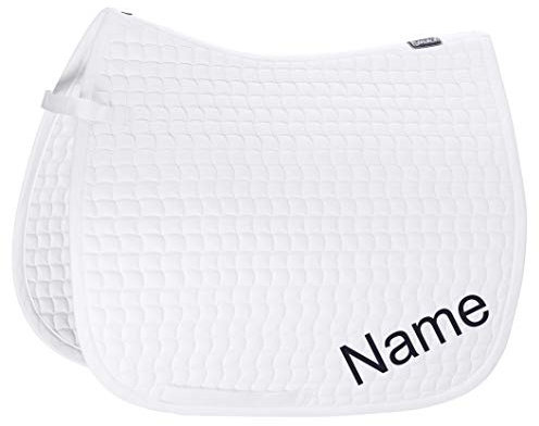 Eskadron weiße Cotton Pony Dressur-Schabracke mit individuellem Namen Bestickt, Schriftart:Comic, Garnfarbe Maderia:Evergreen 1851