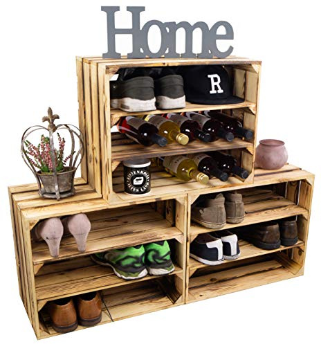 Zapatero zapatero de cajas de madera flameada, zapatero, para niños y adultos, estantería estable en aspecto de cajas de fruta (doble longitud 50 x 40 x 29 cm, juego de 3)
