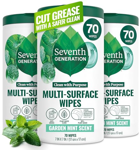 Seventh Generation Multi-Surface Wipes, 70 Count, Pack of 3, Garden Mint, Plant-Based Cleaning Wipes, No Harsh Fumes or Residue, Safe Around Kids
