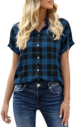Veatzaer Women's Plaid Short Sleeve Button Down Shirt Casual Summer Blouses | Basic Collar, Curved Hem Shirts Tops