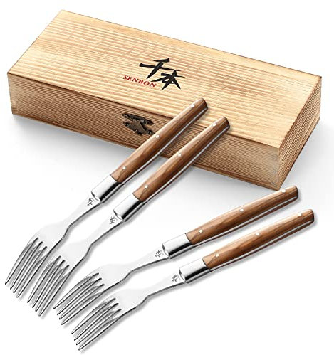 SENBON Steakgabel 4er Set praktische Obst- und Gemüsegabel Olivenholzgriff Holzkiste Verpackung