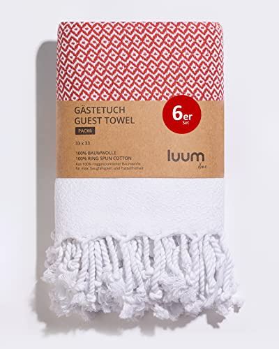 Luum® 6er Set Hamam Gästehandtücher, Deko Handtücher, Seiftuch, Waschlappen, Stoffservietten, Putzlappen, 100% Baumwolle schnelltrocknend fusselfrei Rot 33x33 Geschenkset Geschenke für Frauen