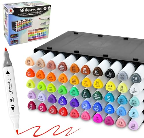 Decotime 50 Aqua-Marker mit Doppelspitze, stapelbare Deko-Ablage - Aquarell-Pinselstifte-Set - Ungiftig für Kinder ab 3+ - Professionelle Malstifte für Kunst & Illustration - Feine & Pinselspitzen für