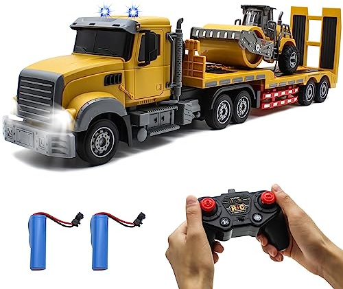 Fistone RC Semi Truck with Trailer, 1:24 RC Semi-Trailer Engineering Tractor with Sound and Lights, 2.4Ghz Remote Control Flatbed Truck with Road Roller Toys, Construction Vehicles Toy for Boys