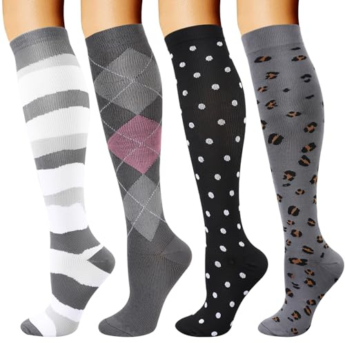 DRESHOW 4 Paires Chaussettes de Compression pour Femmes & Hommes Circulation pour Athlétisme,Course,Cyclisme,Voyage