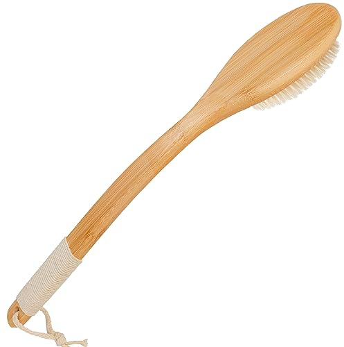 OWIIZI Bath Brush Bamboo Curved Long Handle Antiskid Body Brush for Exfoliating, Natural Bristles Shower Scrubber for Back Use Wet or Dry,Back Scrub Deep Cleanse-17.9inches