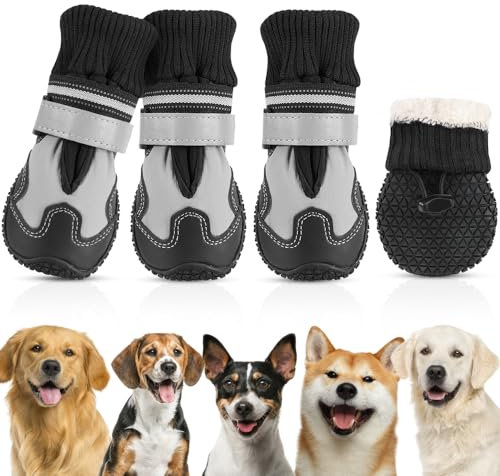SlowTon Hundeschuhe Pfotenschutz, 4 Stück rutschfeste wasserdichte Hunde Schuhe mit reflektierendem Klettverschluss, Winter Schnee Hundestiefel für große mittlere kleine Hunde Sport im Freien, Size 5