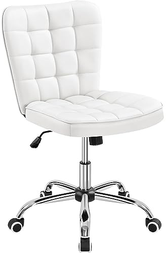 Yaheetech Silla de Oficina sin Reposabrazo Silla Oficina Tapizada de Cuero PU Silla con Ruedas Silla Ergonomica Base Metal Blanca