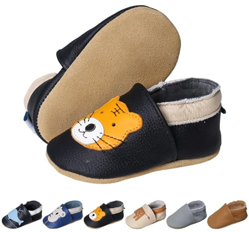 EDOTON krypskor baby läder lära-gå-skor flickor med mjuka mockasulor läderskor baby pojkar flickor tofflor 0–24 månader, tiger, 18-24 månader