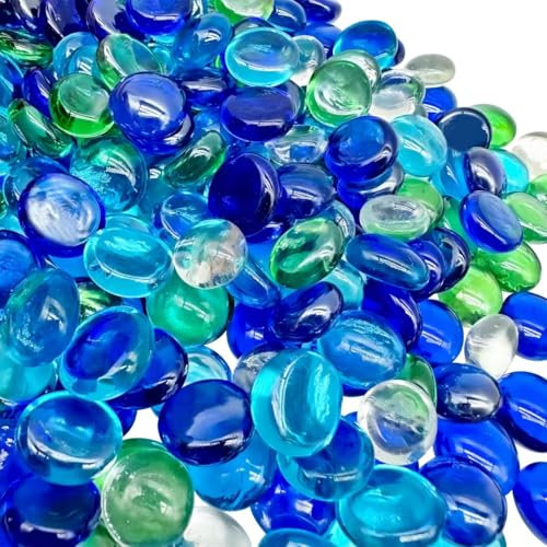 Glass Pebbles 900g (about 210pcs) Round Decorative Stones Coloured Glass Vase Beads Dark Blue Light Blue Transparent and Green Flat Stones about 17-20mm of Diameter Glass Gems for Vases Aquarium