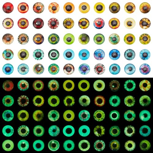 PH PandaHall 100 PCS Augen Glas Cabochons, 50 Stil 12mm leuchtende Tieraugen Kacheln Glühen im Dunkeln Halb runde Kuppel Glas Cabochons für Kunst Requisiten Foto Cameo Anhänger Schmuck machen