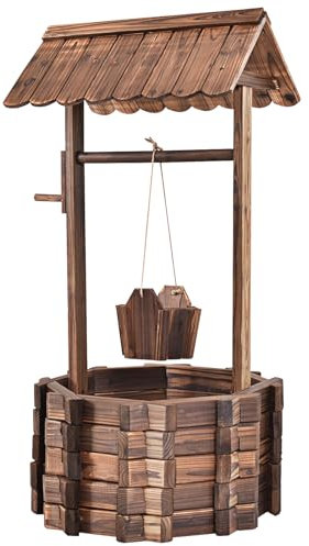 SOARS Pozo de Madera con Techo para Exterior, Fuente de Madera con Cubo de Madera Regulable en Altura, Fuente de Jardín de Madera de Abeto, Fuente Decorativa para Patio y Césped, 56 x 56 x 114cm