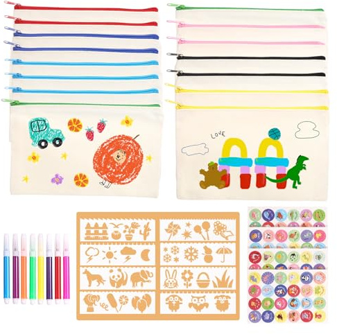 LEMESO 15 Stk. DIY Federmäppchen zum Bemalen Set - Blanko Stoffbeutel mit Reißverschluss, inkl. 8 Textilstiften, 8 Schablonen Tieraufklebern - Kreatives Bastelset für Kindergeburtstag Schule