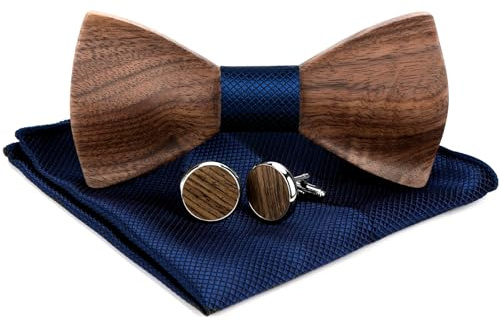 MUCOOS Holzfliege Herren Walnussholz Fliege mit Einstecktuch Sets, Holzfliege Anzug und Einstecktuch, Fliege Herren Holz, Holz Manschettenknöpfe, Geeignet für Hochzeiten, Abendessen, Geschäfts