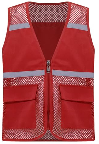 Yruioon Kinder Sicherheitsweste Warnweste Reflektierendes Warnschutz Weste mit Reflektorstreifen Reißverschluss und Taschen Arbeitsweste Rot 134-140