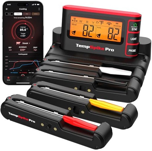 TempSpike Wireless Digital Meat Thermometer with APP, Wifi and Bluetooth, Barbecue Thermometer with High Accuracy, Waterproof and Heat Resistant Probes, Rechargeable Base