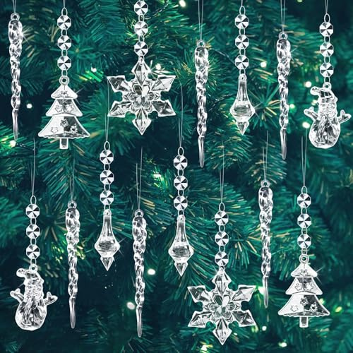 MELLIEX 15 Piezas Acrílico Decoración Navideña, Copos de Nieve Carámbanos Adornos, Transparente Cristal Colgante con Línea para Decoraciones del Partido del Árbol de Navidad