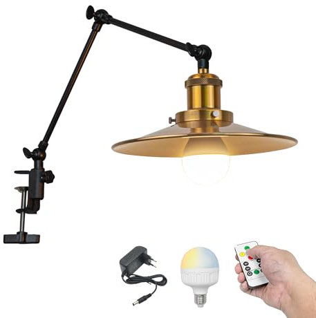 FSLiving Wiederaufladbar Klemmleuchte mit Fernbedienung, Einstellbar Clip auf Schreibtisch Leselampe,Dimmbar Clamp Nachttischlampe mit Flexarm für Schreibtisch Nachttisch Regal Messing- TD/2773