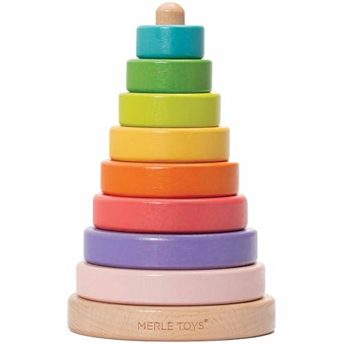 Merle Toys® Stapelturm Holz, 100% FSC-zertifiziertes Holzspielzeug Baby, Stapelturm ab 1 Jahr, Montessori Spielzeug, Stapelspiel ab 1 Jahr, BPA-Freies Baby Spielzeug aus Holz, 8X Bunte Stapelringe