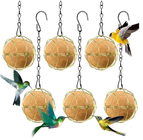 Qerwsdty 6 Stück Futterbälle für Vögel, Futterspender für Meisenknödel, Vogelfutterspender zum Aufhängen Aus Metall mit Haken, Runder Futterspender für Meisenknödel, Gold