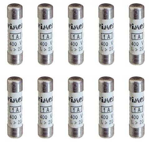 Paquete de 10 fusibles cilíndricos 8 x 32 mm, 400 V 1 A, uso industrial y civil CF, intervención retardada, cerámica, esteatita, uso gG, potencia de interrupción (lk) 20 kA