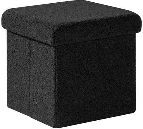 PINPLUS Faltbarer Bouclé Sitzhocker mit Stauraum, Würfel 32 cm, Schwarz | gepolsterter Hocker mit Deckel, Fußhocker & Aufbewahrungsbox, platzsparend, für Wohnzimmer, Schlafzimmer, Flur