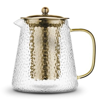 Charbrew 900ml Glass Teapot with Infuser - Hammered Design, Borosilicate Clear Glass - for Loose Leaf Tea, Teabags & Blooming Tea - Serves 4 Cups (Gold)