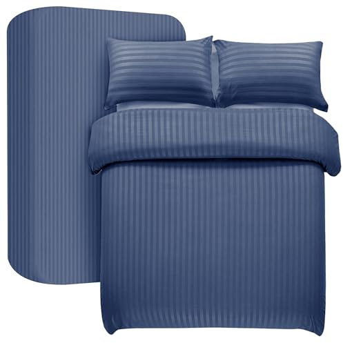 My home store Navy Double Duvet Cover Set 4 Pcs Satin Stripe Duvet Covers Soft Brushed Microfiber Bedding Set with Fitted Sheet 30 CM Deep & 2 Pillowcases