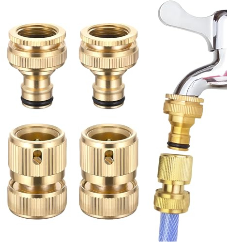 Xbessc 2 Pairs Wasserhahn Adapter Gartenschlauch, 1/2 Zoll und 3/4 Zoll Schlauchanschluss Messing, Schlauchverbinder 2-in-1 Gartenschlauchanschluss für Gartenarbeit Hausbewässerung Autowäsche