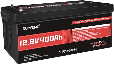 Dumfume Bateria LiFePO4 12V 400Ah, 5120Wh, BMS 200A, 15000 Ciclos - Bateria Camper Estacionaria para Autocaravana, Solar Aislado, Vehículo Eléctrico y Uso Profesional