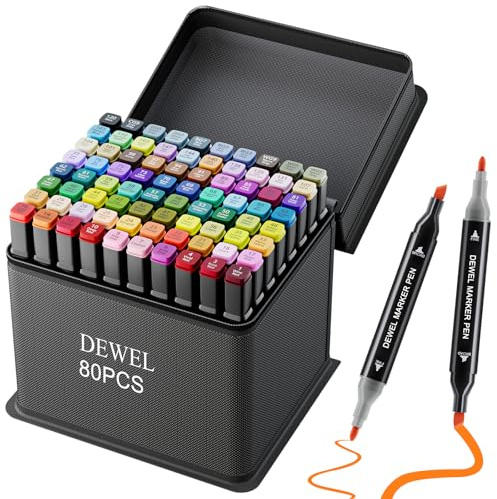 DEWEL 80 Farben Acrylstifte Set mit Doppelspitze wasserfest – Acrylmarker für glatte Oberflächen wie Kunststoff, Metall, Glas und Keramik, Steine –Zum Ausmalen, Zeichnen und DIY-Bastelprojekte