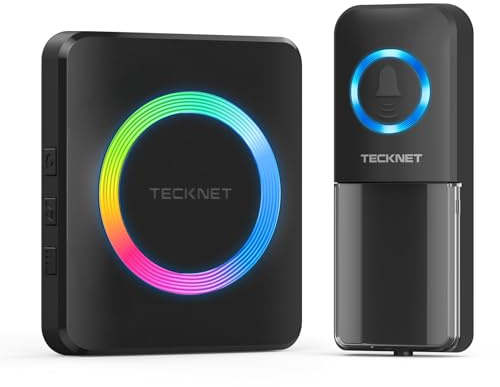 TECKNET Sonnette sans Fil Exterieur Étanche, RVB Kit de Carillon | IP65 Étanche 400 Mètres Longue Distance, Volume à 5 Niveaux, 60 Mélodies, Noir