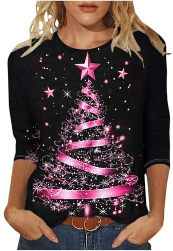 HAOLEI Christmas Tops Ladies - Women Christmas Tree Print Xmas T-Shirts Plus Size Novelty Funny 3/4 Sleeve Elf Santa Print Reindeer Graphic Blouse Ugly Tee Shirt Pullover Holiday Tops