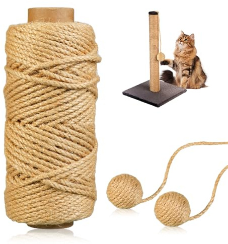 Jartfaui 164FT Sisal Rope for Cat Tree, 4mm Natural Jute Twine for Scratching Post Replacement with 2 Sisal Cat Balls, Hemp Twine Rope for DIY Crafts & Home Decorating