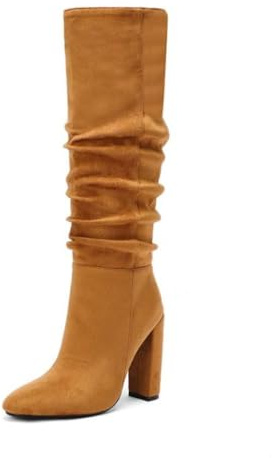 Botas Mujer Holgadas Altas hasta La Rodilla Tacón Grueso Punta Redonda Ante Botines Plantilla Acolchada Noche Fiesta Baile Casual Elegantes Duraderos,Marrón,38.5 EU