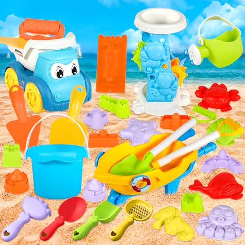 Giochi Spiaggia Bambini, 30 PCS Giocattoli da Spiaggia per Bambini Ragazzi Ragazze con Borsa a Rete, Secchiello Spiaggia, Acqua Ruota, Stampi, Giochi Spiaggia Bambini per Attività All'aperto Bambini