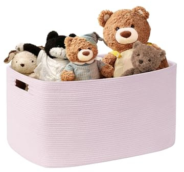 MYHOMMATTO 60L großer Wäschekorb geflochten mit Henkel, Pastellrosa | Faltbarer Aufbewahrungskorb aus Baumwollseil für Spielzeug, Decken & Kleidung, Maße 53×38×29 cm für Wohnzimmer, Kinderzimmer