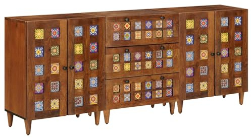 Bucmath Buffet en noyer massif mangue, 3 pièces, 60 x 33,5 x 75 cm, design moderne pour salle à manger, salon, chambre à coucher, espace de rangement