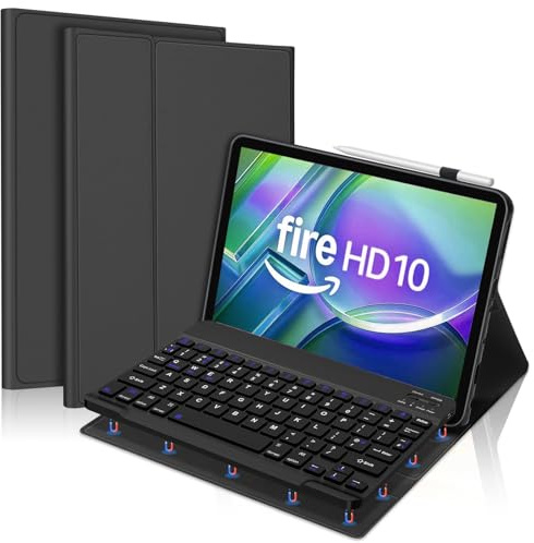 Keyboard Case for Fire HD 10/10 Plus 10.1 inch (13th/11th Gen 2023/2021) | Magnetically Detachable Wireless UK Layout Keyboard, Smart Stand Folio Cover with Pencil Holder, Black