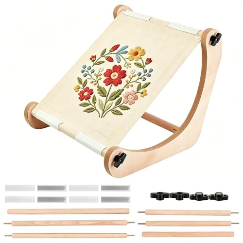 Adjustable Embroidery Table Stand & Cross Stitch Frame Wooden Hoop Holder | Hands Free Table Top Needlework Frame with 2 Rod Sets for Art Crafts Sewing Cross Hoop Stand for Embroidery Tapestry Quilting