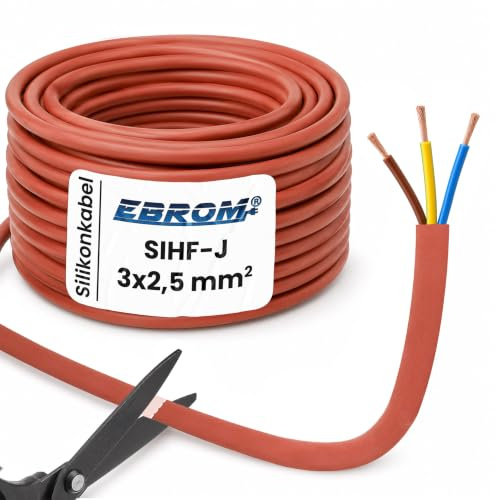 EBROM Silikonkabel Saunakabel SIHF-J 3x2,5 mm² - Länge: 12 Meter 3x2,5 mm2 | 1 m bis 50 m, Hitzebeständig bis 180 Grad 99,9% OFC Kupfer verzinnt, für Saunaofen bis 5 kW, Heizgeräte oder Industrieanlagen