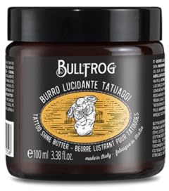 Bullfrog Burro para Tatuajes Brillante – Hidratante y Nutritivo, 99,1% Ingredientes Naturales, Fragancia a Avellana, Cacao y Miel, Acabado Luminoso y Protector, 100 ml